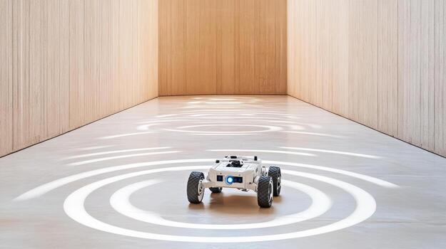 A robot is sitting in a room with circular lights photo