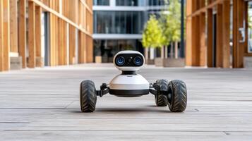 A robot on the ground with wheels photo