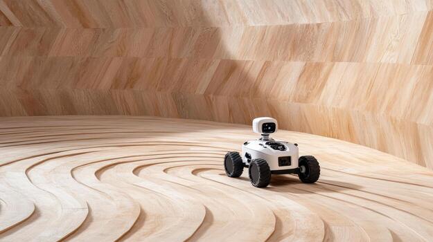 A robot is sitting in a room with a curved wall photo