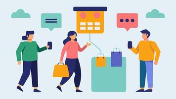 Mobile Shopping App Customers using a mobile app to see personalized recommendations as they walk through an autonomous store with AI suggesting items based on purchase history.. vector