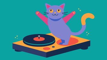 Party Cat with Vibe A stylized cat balancing on its hind legs eagerly scratching a record on a vibrant DJ turntable. The background contains colorful sound waves and stylized disco. vector