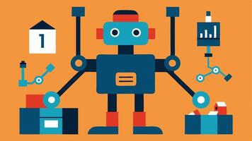 MultiArmed Robot Assembly A multiarmed robot performs simultaneous tasks assembling parts soldering connections and packing finished products in one fluid motion.. vector