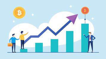 Investment Graph An upward trending graph with digital currency symbols soaring while below a group of smaller figures looks on the widening investment gap in digital. vector