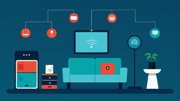 Living Room Control Hub An illustration of a modern living room with a sleek tablet mounted on the wall displaying the status of various connected devices like lights thermostat. vector