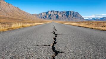 A cracked asphalt road in the middle of nowhere photo