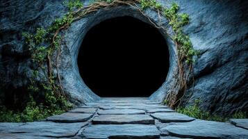 An open door to a cave with stone steps photo