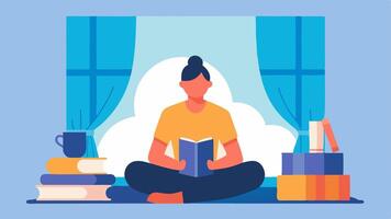 Cozy Corner An individual sitting in a nook surrounded by books sipping herbal tea while meditating. A window with flowing curtains lets in soft natural light highlighting a sense. vector