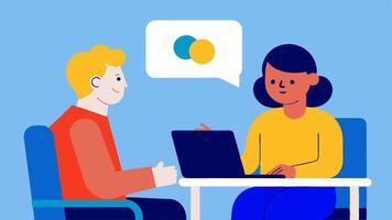 Job Inter A professional setting showing a person with a cognitive disability confidently presenting their skills to a supportive interer who is listening attentively. vector