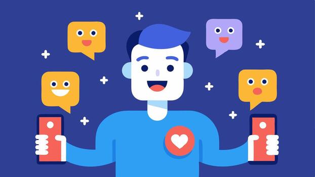 Like Count Illusion An influencer with an exaggerated smile holding a phone displaying an inflated like count while small avatars are seen ing fake followers generated by. vector