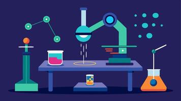 Nanomaterials Creation A visual of an extensive laboratory table with nanoscale particles being synthesized using lasers and equipment made for fine manipulation.. vector