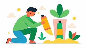 Natures Palette A cheerful artist is depicted kneeling beside a large canvas on the ground squeezing multiple tubes of green yellow and orange toothpaste. The paste forms flowers. vector