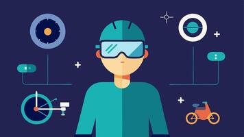 Instructional Mode A user repairing a bicycle while wearing smart glasses with stepbystep instructions and tool icons projected directly in front of them.. vector