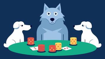Illustration 5 A composed elderly dog with graying fur sits calmly a younger dogs each holding their cards in various playful poses. One dog barks in excitement and another. vector