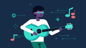 Melody Generation A musician strumming a guitar while an AI hologram projects various musical notes and symbols above showing the AIs contribution to melody enhancement.. vector