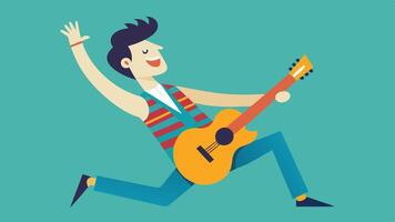 Lean and Lively The illustration features a musician leaning back at an exaggerated angle with exuberance. One arm extends back holding the guitar while the other arm reaches out. vector