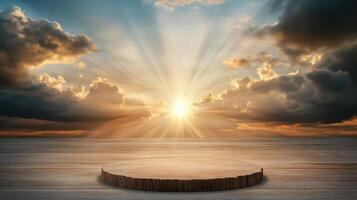 An empty wooden podium on a wooden table with sun rays coming through the clouds photo