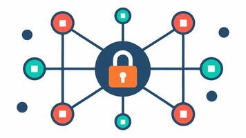 Network Security A network diagram with interconnected nodes and a large lock symbol in the center representing a secure communication network.. vector