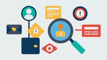 Magnifying Glass on Data A magnifying glass hovering over a collection of personal data icons like credit cards social media profiles with a warning sign beside it symbolizing. vector