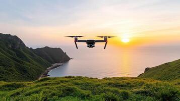 A drone flying over the ocean at sunset photo