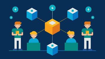 Block Creation A graphical representation of a block being added to a blockchain with digital miners represented as avatars working on computers around it.. vector