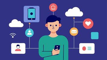 Mobile Identity Management A person using a mobile device to access their digital identity with floating icons for privacy settings data sharing and blockchain connectivity.. vector