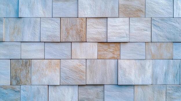 A wall made of stone tiles with a blue and white color scheme photo