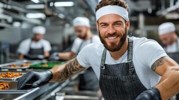 Chef smiling while serving food in kitchen photo