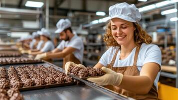 A woman in an apron is working on a tray of chocolate photo