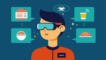 Language Translation A user at a restaurant wearing smart glasses that display translated menu items in their field of vision as they look at the menu.. vector