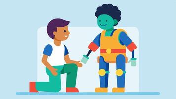 Child Patient Using Exoskeleton A young patient wearing a colorful childfriendly exoskeleton during a therapy session with a the actively engaged in playful encouragement.. vector