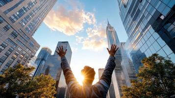 A man raising his arms in the air in front of tall buildings photo