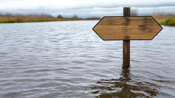 A wooden sign in the middle of a flooded field photo