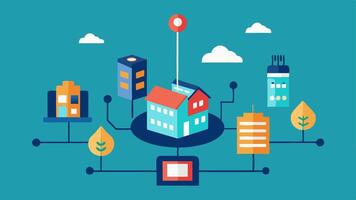 Local Data Fusion Centers Illustrate a small data processing hub in a community combining inputs from various local IoT devices to create actionable insights for city planners and. vector