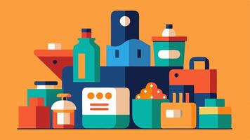 Unod Products An showing a variety of unod items in packaging piled highelectronics cosmetics and rieshighlighting consumerism and wastefulness.. vector