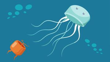Jellyfish Entangled in Plastic A jellyfish floats gracefully but its tentacles are tangled in a jelly container drawing attention to the hazardous effects on marine life.. vector