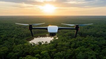 Dji phantom 4 pro drone flying over a forest at sunset photo