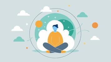 Bubble of Serenity A person sitting in a bubble filled with peaceful imagery clouds sunshine while outside influences are depicted as chaotic swirls showing the protection. vector