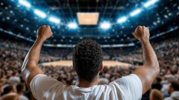 A man raising his arms in front of a crowd photo