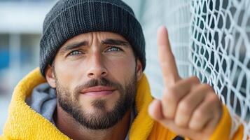 A man in a beanie pointing at something photo