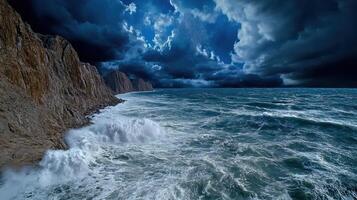 Stormy sea with dark clouds and waves crashing into the ocean photo