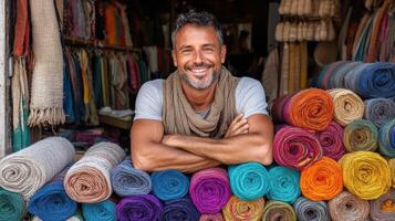 A man smiling in front of a pile of colorful yarn photo