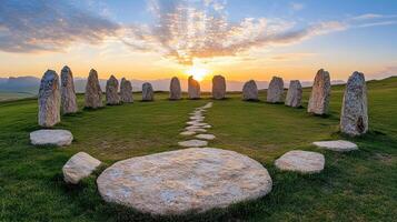The sun sets over a stone circle in the middle of a grassy field photo