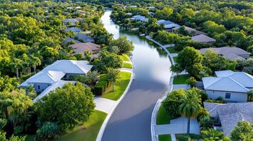 An aerial view of a residential neighborhood with a canal photo