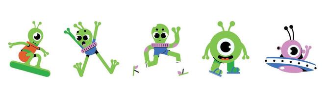 Whimsical Extraterrestrial Adventures, A Colorful Cartoon Alien Character Collection vector
