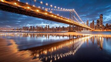 The manhattan bridge at night with lights reflecting in the water photo