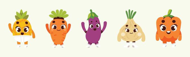 Whimsical vegetable and fruit character lineup in a cheerful cartoon style vector