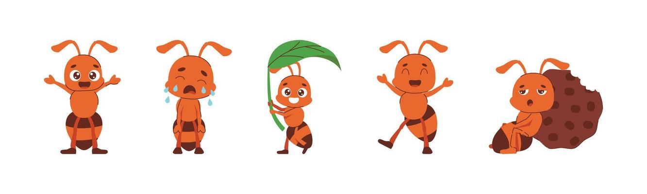 Collection of Cute Cartoon Ant Characters Expressing Different Emotions