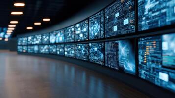 A long row of monitors in a room with many screens photo