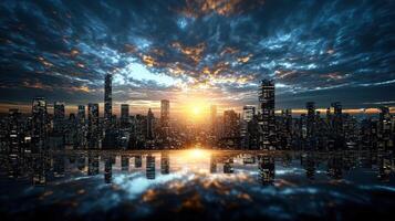 The city skyline at sunset with clouds and water photo