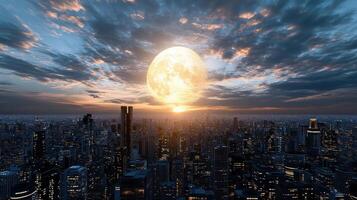 A full moon rising over a city photo